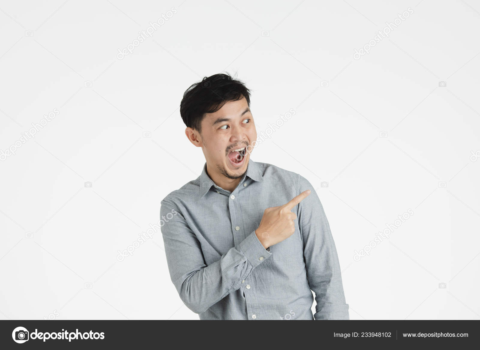 Half Length Studio Portrait Young Black Hair Asian Man Gray