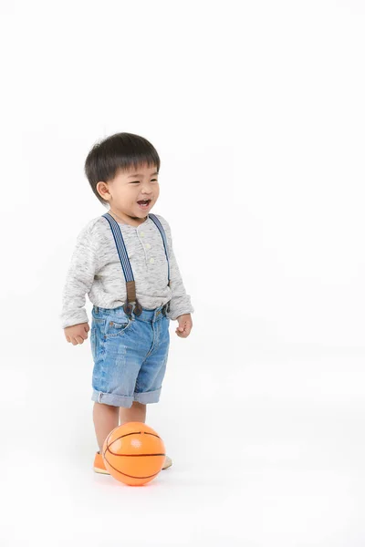 Studio Porträtt Bedårande Asiatiska Småbarn Pojke Bär Denim Overaller Långärmad — Stockfoto