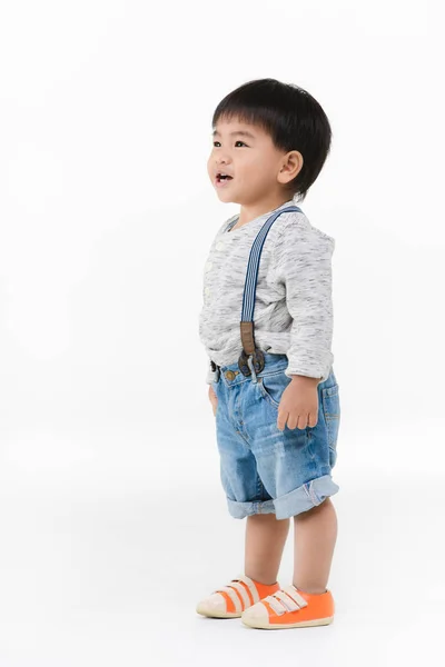 Studio Portrait Cute Adorable Asian Toddler Boy Wearing Denim Overalls — Stock Photo, Image