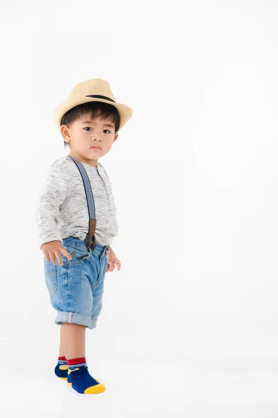Studio Porträtt Söt Förtjusande Asiatiska Barn Pojke Klädd Denim Overaller — Stockfoto