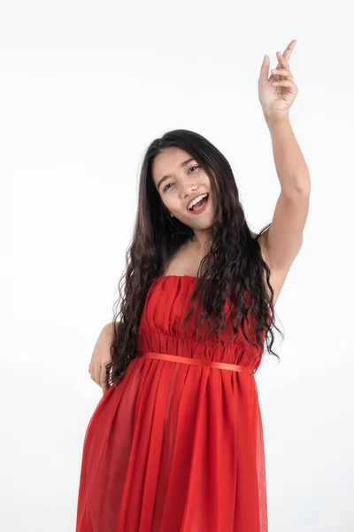 Beautiful Young Asian Woman Red Dress Very Happy Enjoy Dancing — Stock Photo, Image