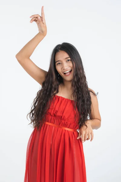 Beautiful Young Asian Woman Red Dress Very Happy Enjoy Dancing — Stock Photo, Image