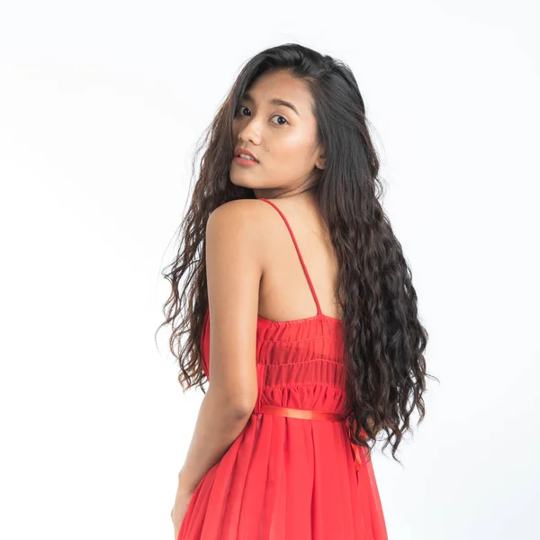 Beautiful Young Asian Woman Red Dress Very Happy Enjoy Dancing — Stock Photo, Image