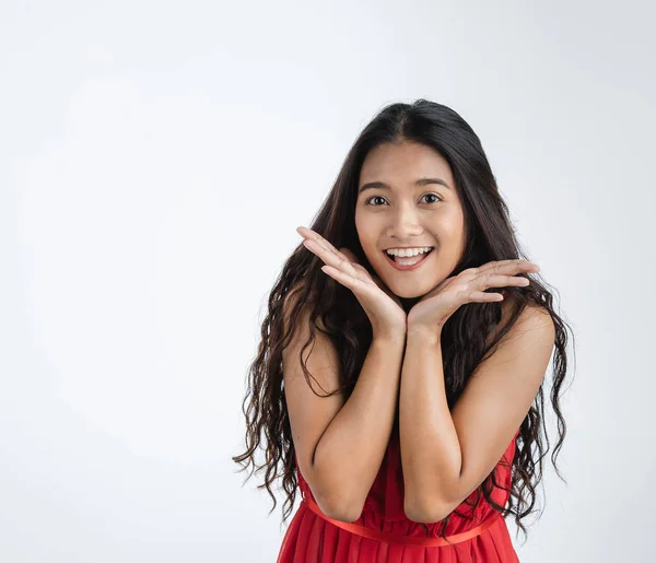 Beautiful Young Asian Woman Red Dress Feeling Very Happy Amazed — Stock Photo, Image