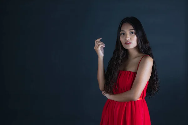 Studio Portrait Young Beautiful Asian Woman Red Dress Doubtful Face — Stock Photo, Image