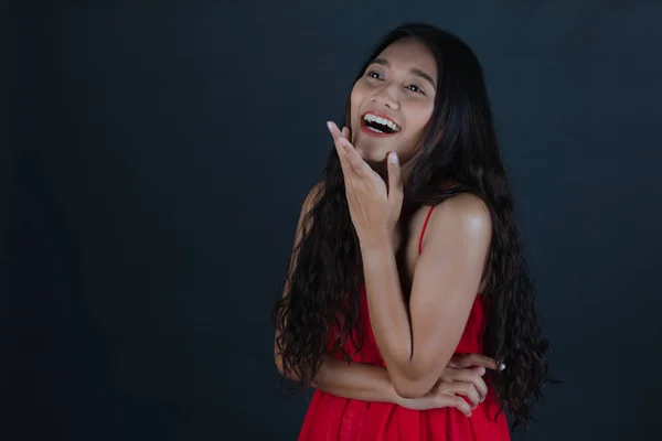 Studio Portrait Young Beautiful Long Curly Black Hair Asian Woman — Stock Photo, Image