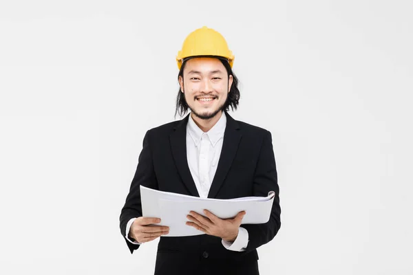 Retrato Engenheiro Asiático Terno Preto Capacete Amarelo Sua Cabeça Segurar — Fotografia de Stock