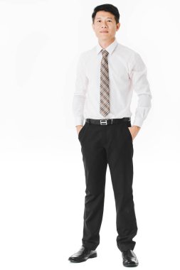 Orta yaşlı tam uzunlukta portresi, yakışıklı, Asya, işadamı, Beyaz gömlekli ti çizgili.