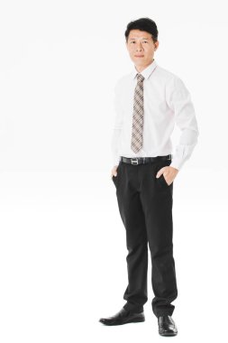 Orta yaşlı tam uzunlukta portresi, yakışıklı, Asya, işadamı, Beyaz gömlekli ti çizgili.