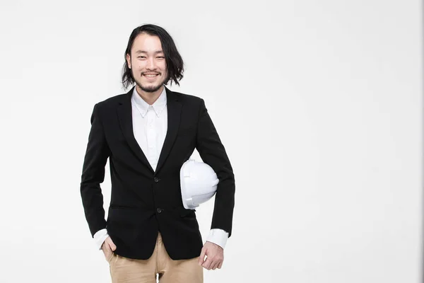 Portrait Young Asian Engineer Black Suit White Helmet His Arm — Stock Photo, Image