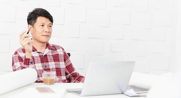 Portrait Middle Aged Asian Handsome Architect Checked Shirt Taking Short — Stock Photo, Image