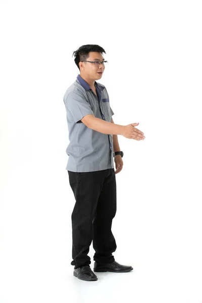 Full Length Portrait Happy Middle Aged Handsome Asian Man Eyeglasses — Stock Photo, Image