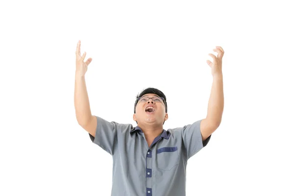 Half-length portrait of happy middle aged handsome Asian man, with eyeglasses, in factory manager uniform and black pants, overjoyed, celebrating success, on isolated white background