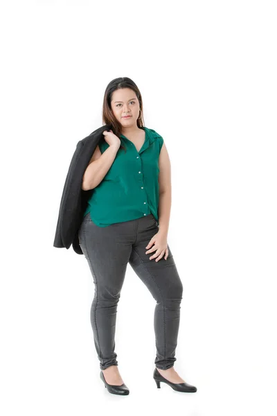 Teljes Hosszúságú Eleje Tekintettel Fiatal Kövér Szép Ázsiai Hölgy Okos — Stock Fotó