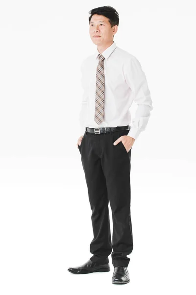 Full Length Portrait Middle Aged Handsome Asian Businessman White Shirt — Stock Photo, Image