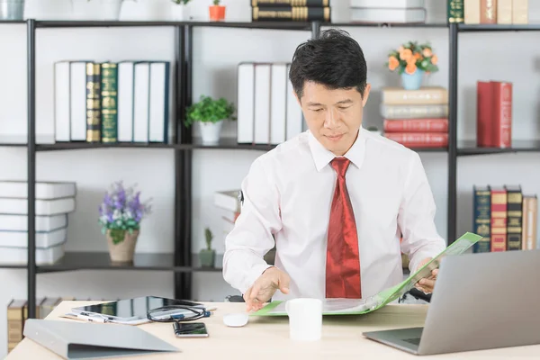 Orta yaşlı, yakışıklı, Asyalı, işadamı, beyaz gömlekli, koyu kırmızı kravatlı, başlangıç ofisinde çalışan, elinde belgeler dosya ve kalem, satın alma siparişi kontrol, ofis arka plan ile
