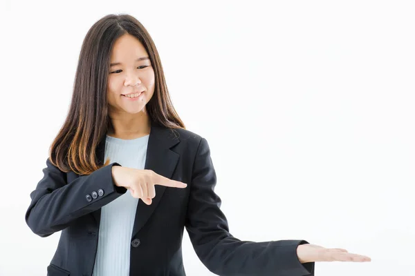 Lycklig Ung Vacker Asiatisk Lady Långt Svart Hår Klädd Smart — Stockfoto