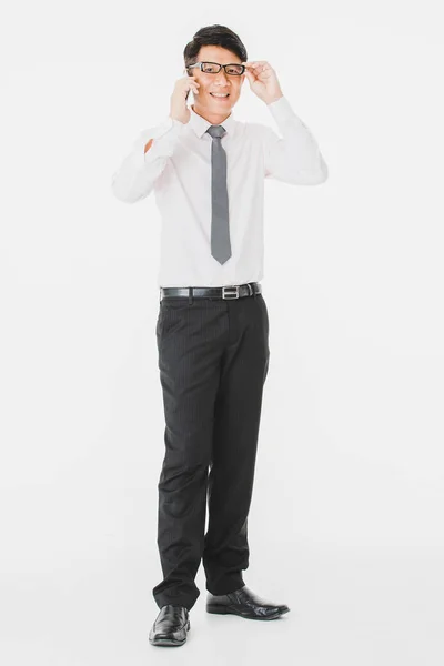 Close Retrato Meia Idade Bonito Asiático Empresário Camisa Branca Listrado — Fotografia de Stock