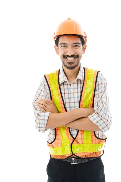 Інженер людина хрест рука помаранчевий шолом і жилет — стокове фото