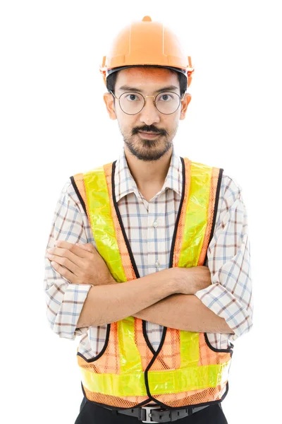 Ingegnere uomo braccio trasversale casco arancione e giubbotto — Foto Stock