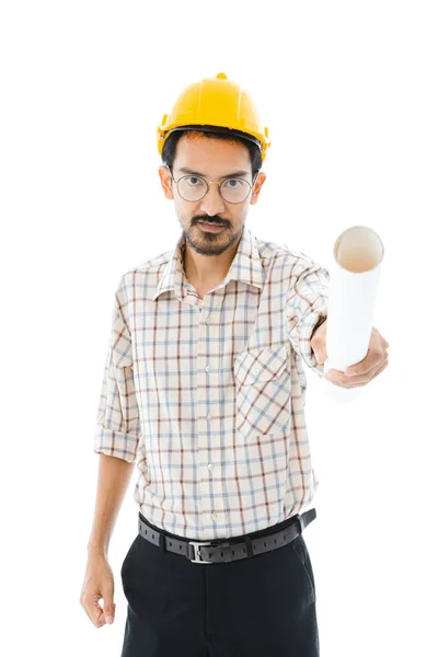 Інженер чоловік жовтий шолом злий — стокове фото