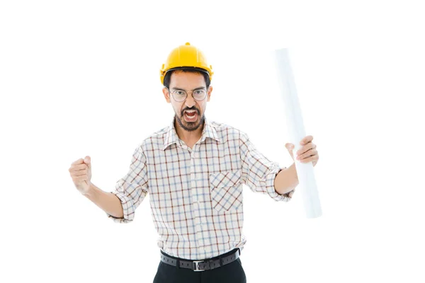 Engenheiro homem capacete amarelo com raiva — Fotografia de Stock
