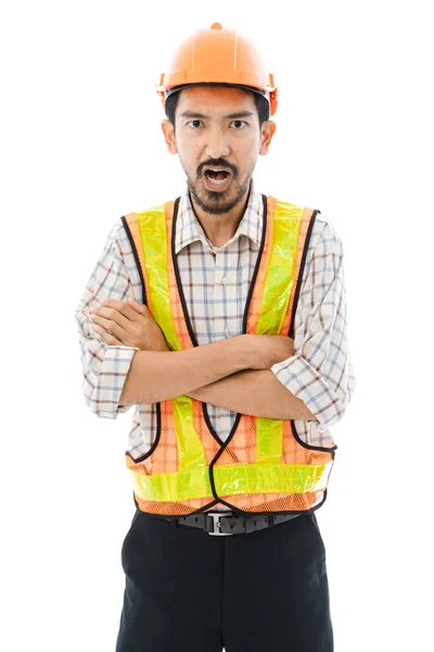 Engineer man cross arm oranje helm en vest — Stockfoto