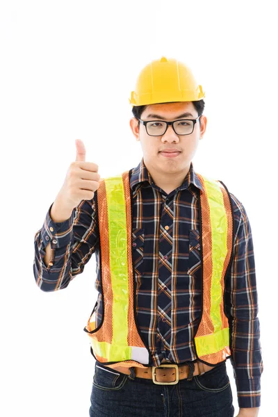 Ingeniero hombre cruz brazo naranja casco y chaleco — Foto de Stock