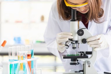 Bilim adamı deney için mikroskoptan bakıyor