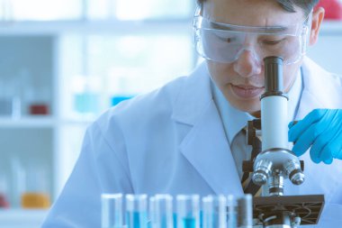 Bilim adamı deney için mikroskobu ayarlıyor.