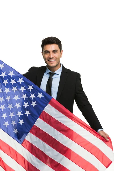 Uomo d'affari caucasico con bandiera americana — Foto Stock