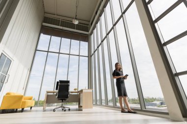 Bilgisayarın yan görüntüsü, iş kadını var.