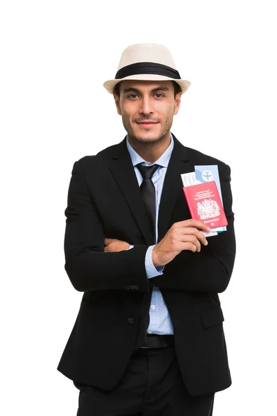 Uomo d'affari caucasico in possesso di passaporto — Foto Stock
