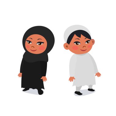 Çizgi film Arap çocuklar. Bir erkek ve bir kız geleneksel Müslüman bezler giyen vektör çizim renkli el çekilmiş.