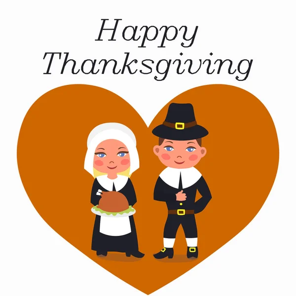 Thanksgiving postcard. Cartoon pilgrim kids. Colorful hand drawn  illustration of a boy and a girl wearing pilgrim cloths. — Stock Photo, Image