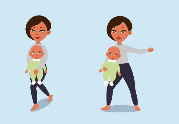 Flat  illustration  mom and baby doing yoga. Warrior 1 and 2  - baby yoga poses (Virabhadrasana 1 and 2).