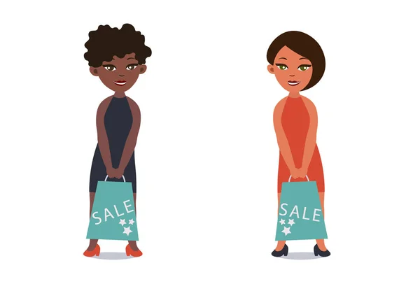 Vector mão desenhada plana ilustração clientes felizes. Mulheres caucasianas e africanas segurando sacos . — Fotografia de Stock