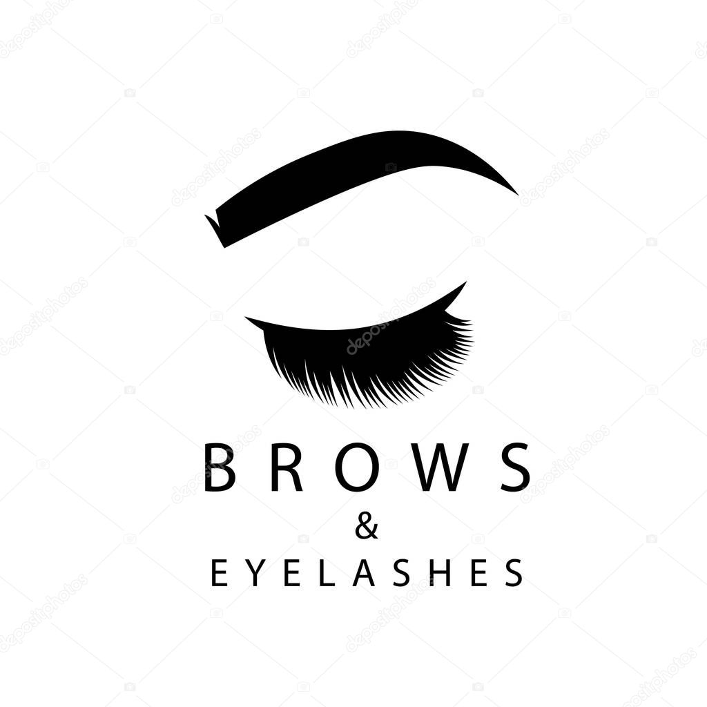 Hand drawn eyelash extension and brow dyeing logo. Clip art illustration in black and white.