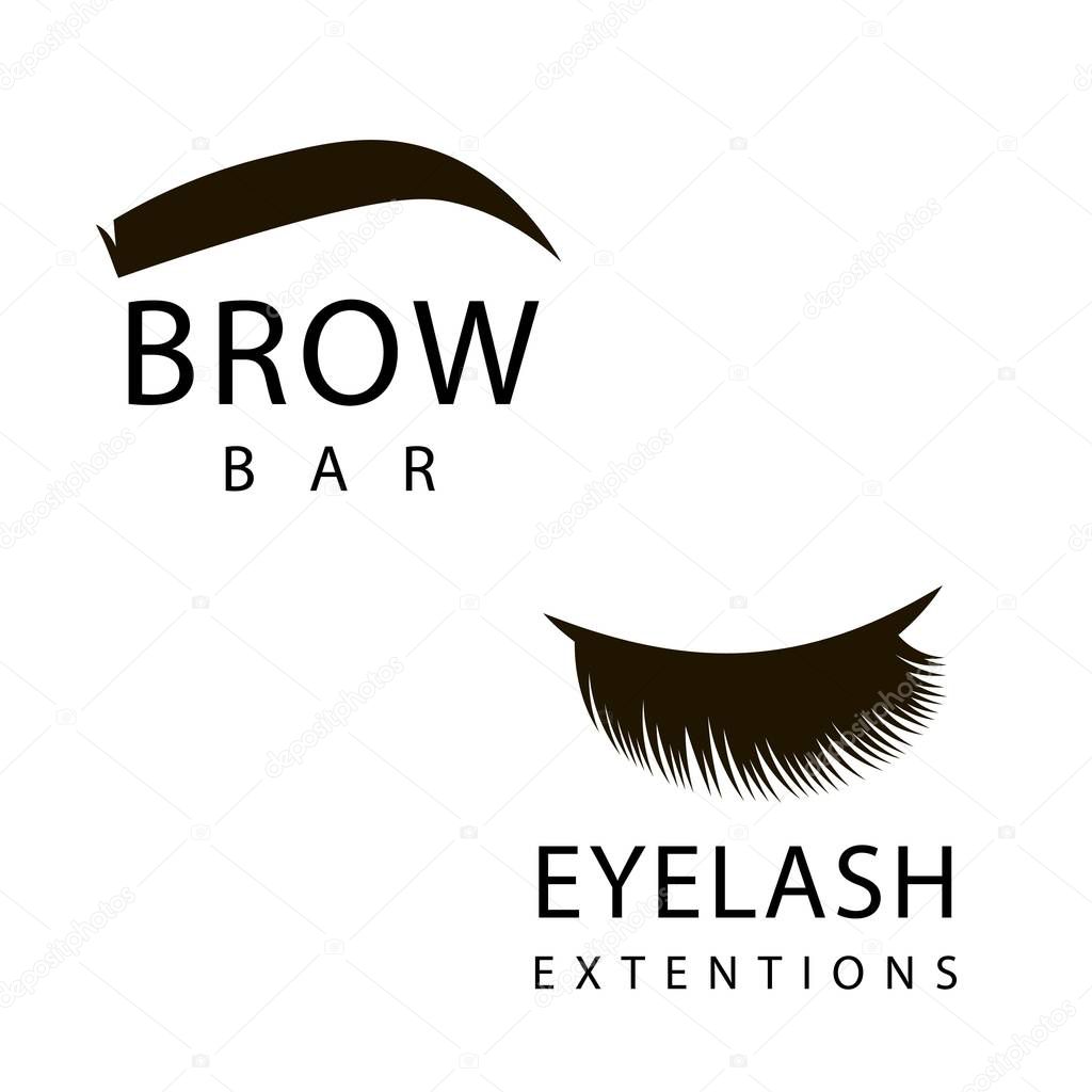 Hand drawn eyelash extension and brow bar logos. Clip art vector illustration in black and white.