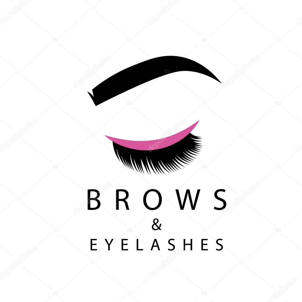 Hand drawn eyelash extension and brow dyeing logo. Clip art  vector illustration in black and white.