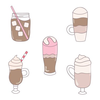 Klip sanat vektör karikatür kahve ayarlayın. Farklı kahve renkli elle çizilmiş vektör çizim: mocha (mochaccino), kahve glace, sütlü kahve, latte macchiato, buzlu kahve.