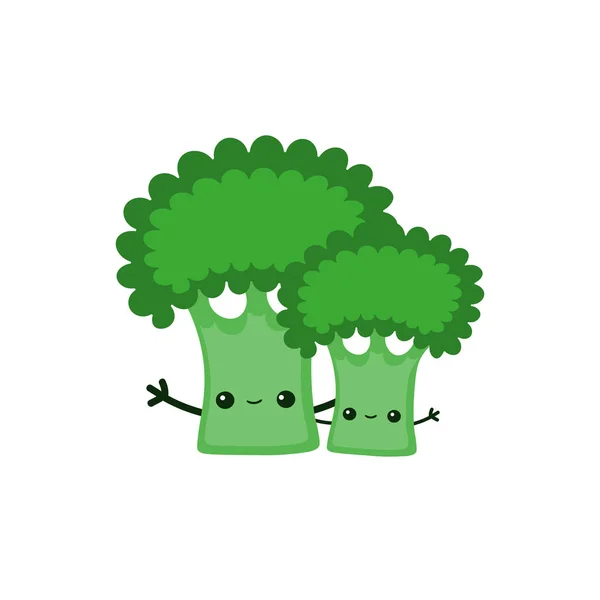 Hand drawn vector illustration of two heads of broccoli. Cartoon flat kawaii broccoli illustration.