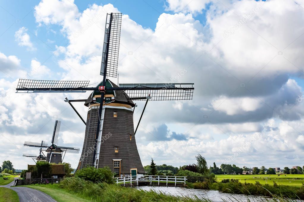 Three windmills (molendriegang) near Leidschendam, Netherlands in High Dynamic Range