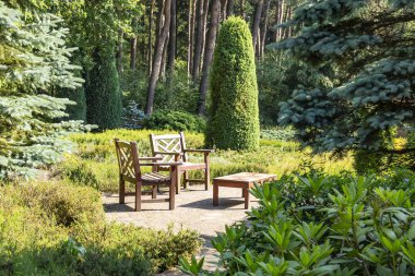 Rahat bir oturma alanı güneşli bahçe ahşap Hollanda yanında arkasında