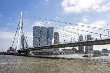 Rotterdam'daki erasmus köprüsünden bir kargo teknesi geçiyor.