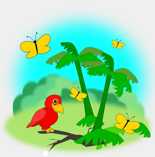 Red Parrot Sitting Branch Some Yellow Butterflies Fluttering Some Palm — Stock Photo, Image