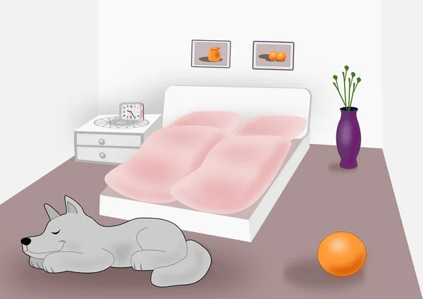 Gray Dog Sleeping Bedroom Beds Pink Linen — Stock Photo, Image