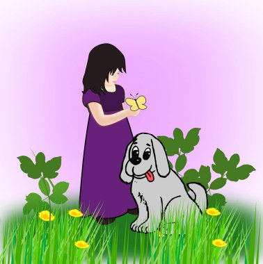Elinde sarı bir kelebek tutan mor elbiseli bir kız ve büyük gri bir köpek..