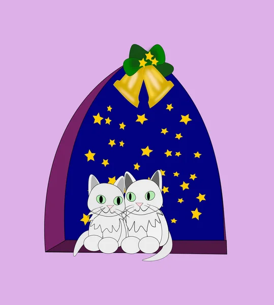 Two Funny Little Cats Sitting Together Window Two Christmas Bells — Stock Photo, Image