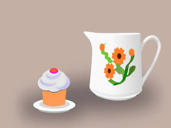 Egy Virágokkal Festett Kancsó Egy Tányér Egy Csésze Tortával — Stock Fotó